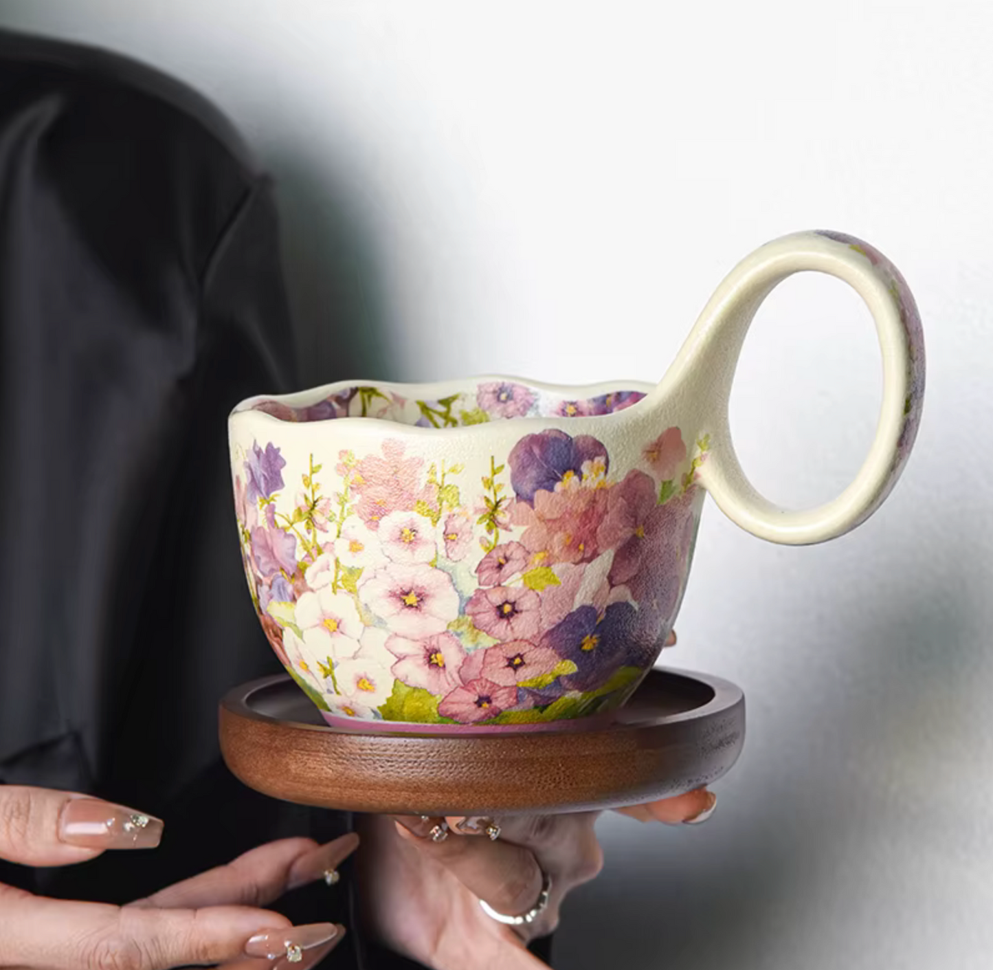 Nordic Bloom Ceramic Mug – 450 ml Floral Cup for Tea, Coffee & Matcha Rituals