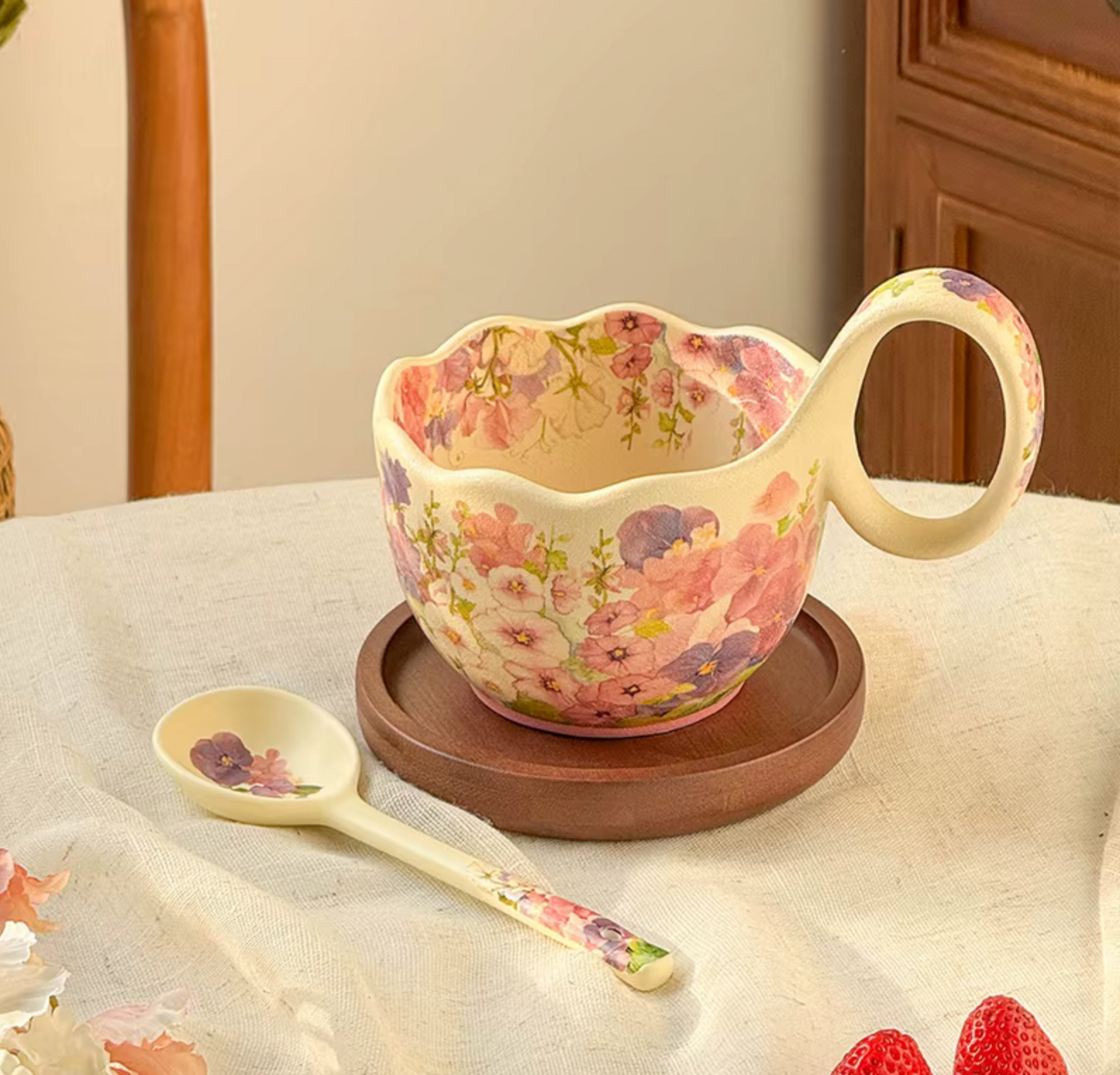 Nordic Bloom Ceramic Mug – 450 ml Floral Cup for Tea, Coffee & Matcha Rituals