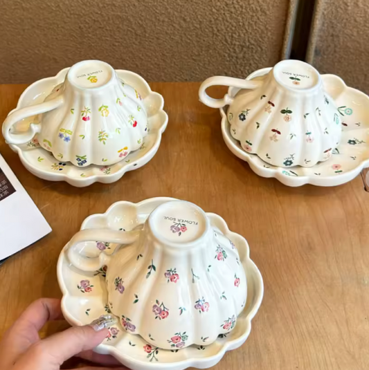 Vintage-Inspired Floral Ceramic Mug with Saucer | Cottage core Aesthetic Cup